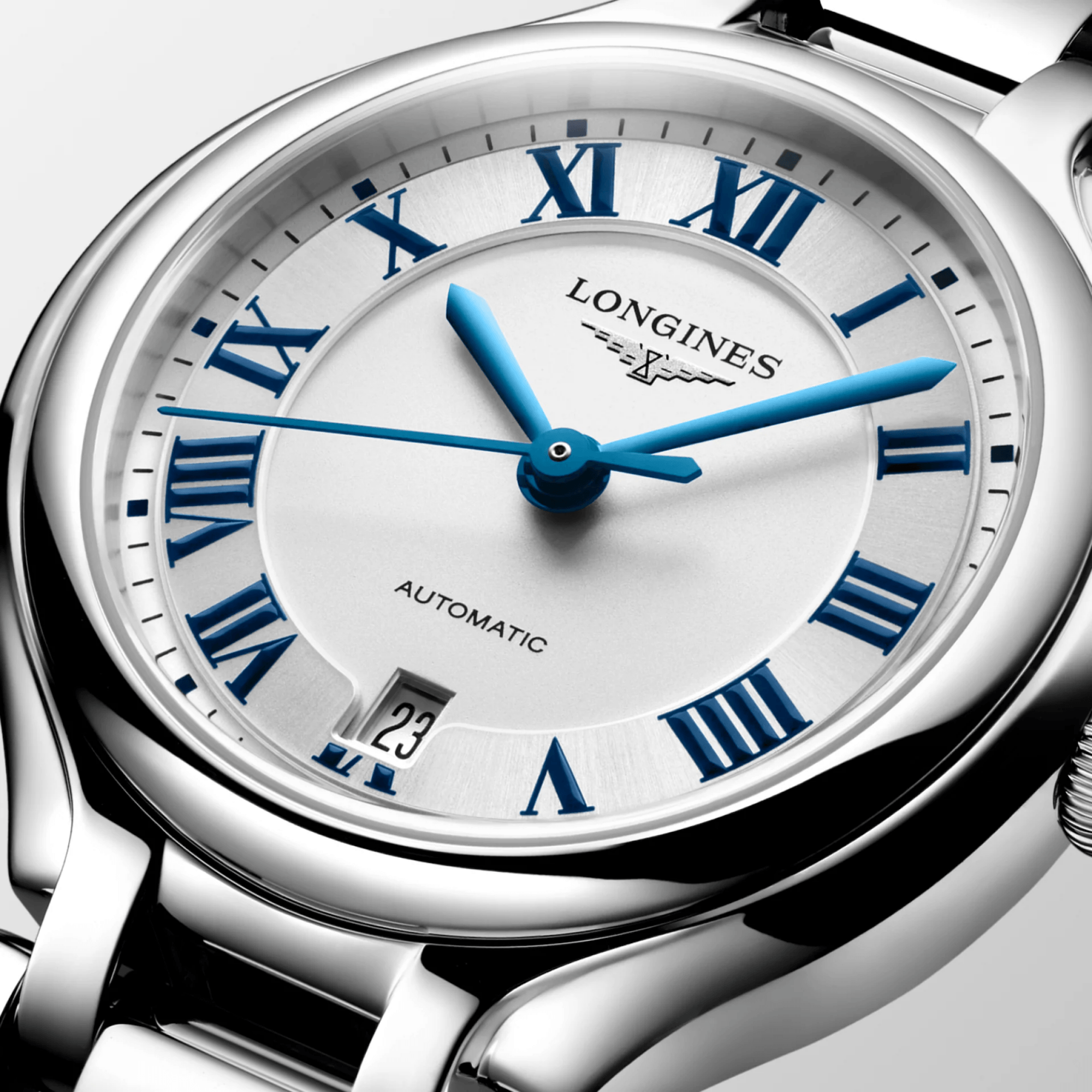 Longines PrimaLuna automatic watch with silver dial and 30 mm steel bracelet