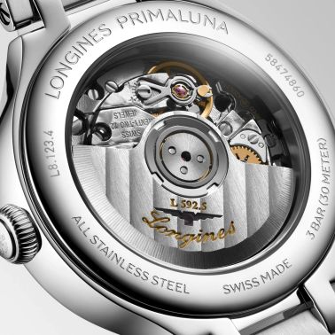 Longines PrimaLuna automatic watch with silver dial and 30 mm steel bracelet