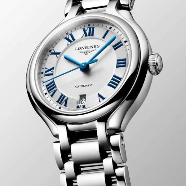Longines PrimaLuna automatic watch with silver dial and 30 mm steel bracelet