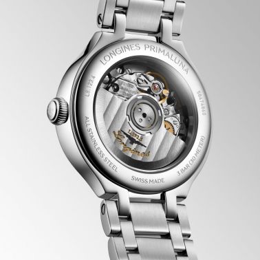 Longines PrimaLuna automatic watch with silver dial and 30 mm steel bracelet