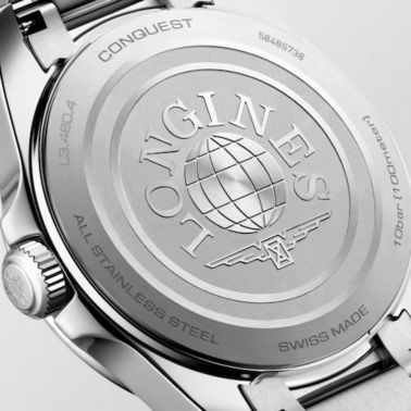 Longines Conquest quartz, white mother-of-pearl diamond Dial, and 34 mm Steel Bracelet