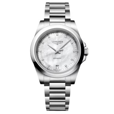 Longines Conquest quartz, white mother-of-pearl diamond Dial, and 34 mm Steel Bracelet