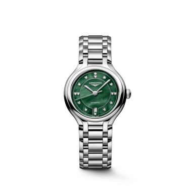 Longines PrimaLuna Automatic Watch, green mother-of-pearl dial with diamond indexes, stainless steel bracelet, 30 mm case.