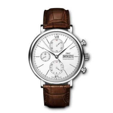 Montre IWC Portofino Chronographe automatique cadran argenté bracelet cuir 42 mm