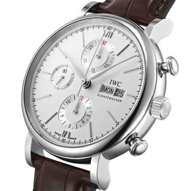 Montre IWC Portofino Chronographe automatique cadran argenté bracelet cuir 42 mm