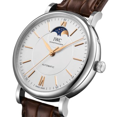 Montre IWC Portofino Automatic Phase de Lune cadran argenté bracelet cuir 40 mm