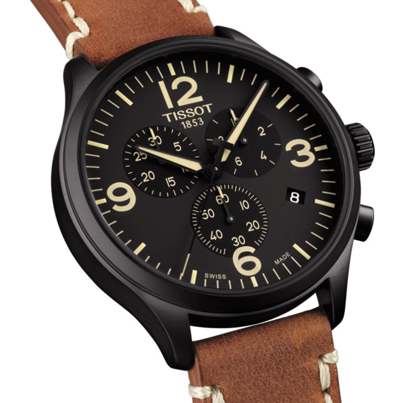 Montre Tissot T-Sport Chrono XL quartz cadran noir bracelet cuir beige 45 mm T116.617.36.057.00