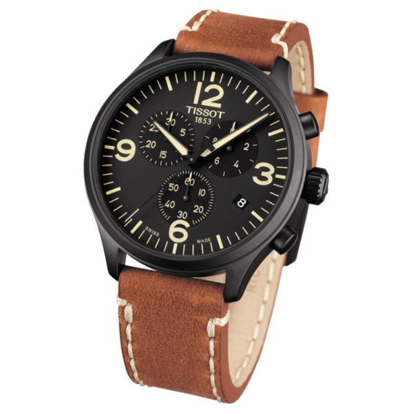Montre Tissot T-Sport Chrono XL quartz cadran noir bracelet cuir beige 45 mm T116.617.36.057.00