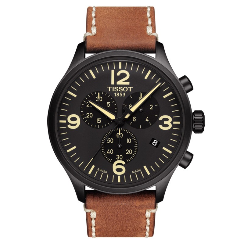 Montre Tissot T-Sport Chrono XL quartz cadran noir bracelet cuir beige 45 mm T116.617.36.057.00