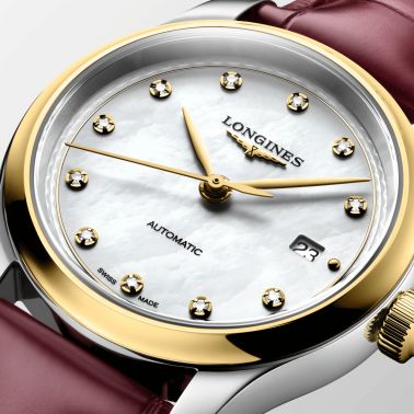 Montre Longines Master Collection automatique cadran nacre blanche bracelet cuir rouge 30 mm