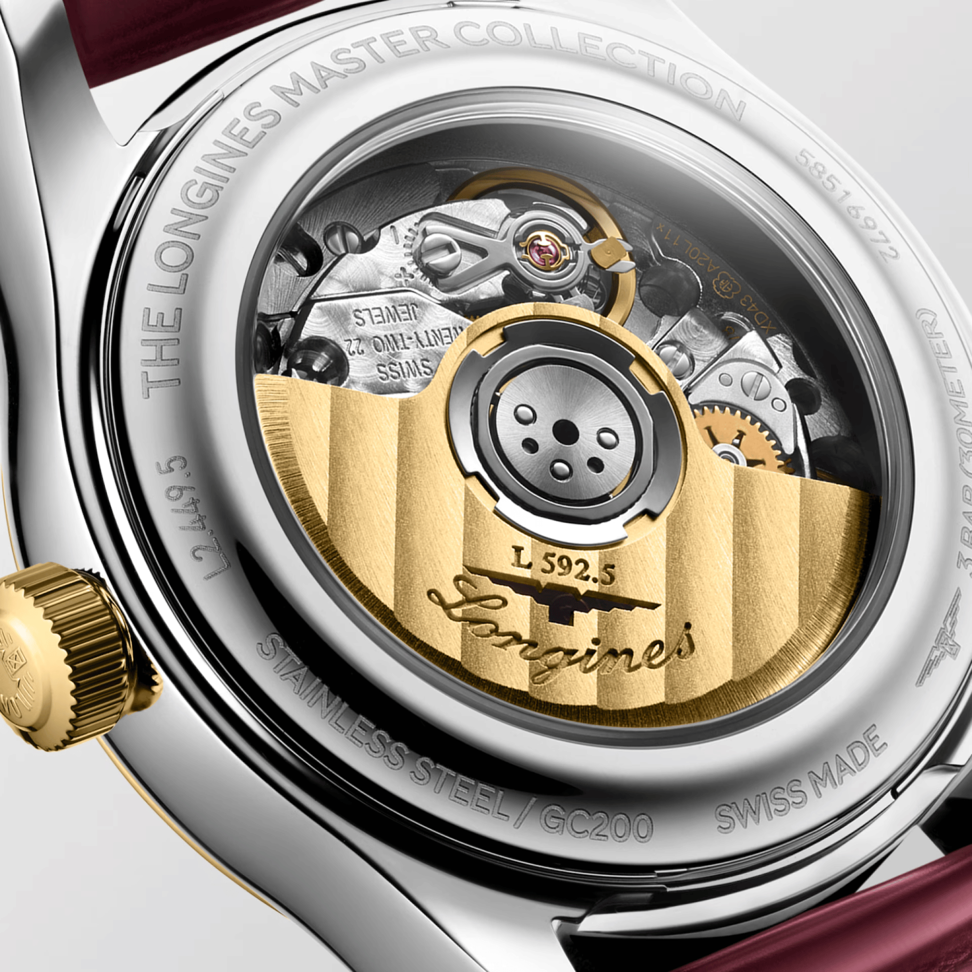 Montre Longines Master Collection automatique cadran nacre blanche bracelet cuir rouge 30 mm