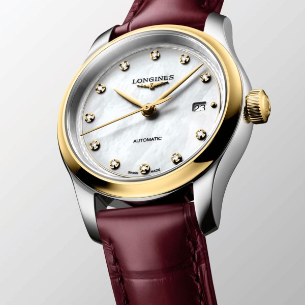Montre Longines Master Collection automatique cadran nacre blanche bracelet cuir rouge 30 mm