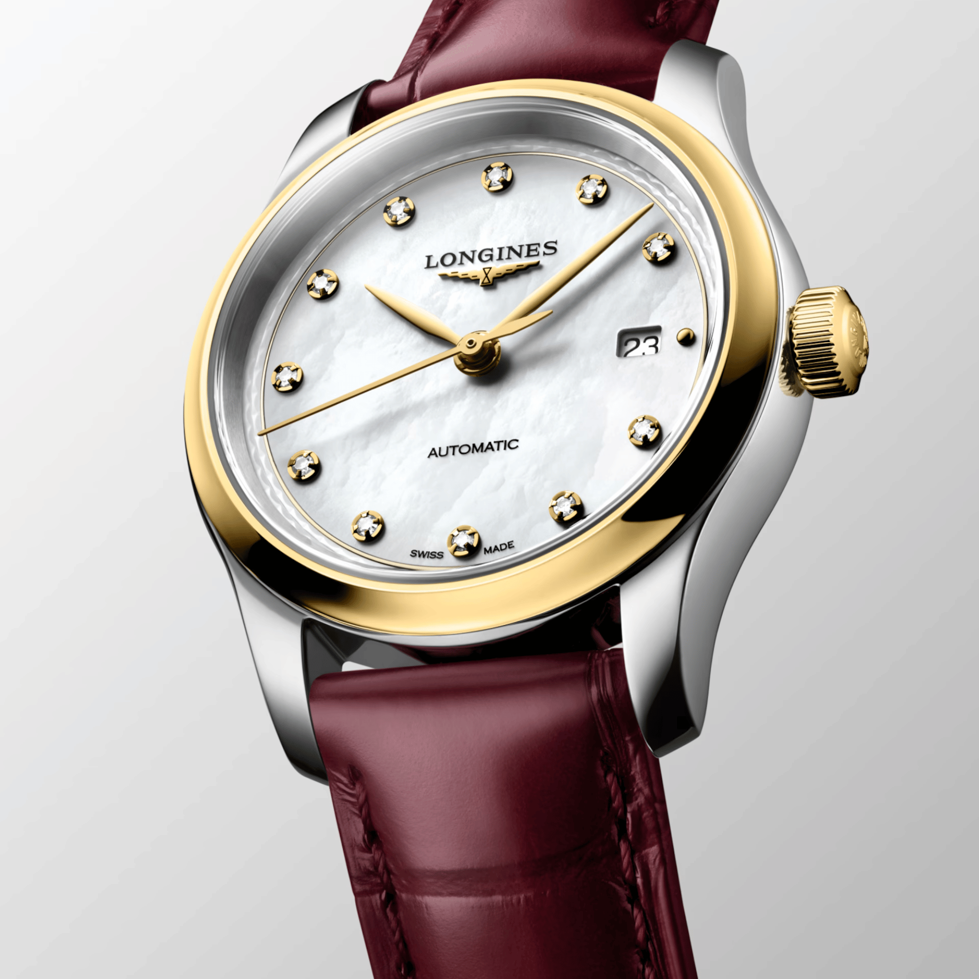 Montre Longines Master Collection automatique cadran nacre blanche bracelet cuir rouge 30 mm