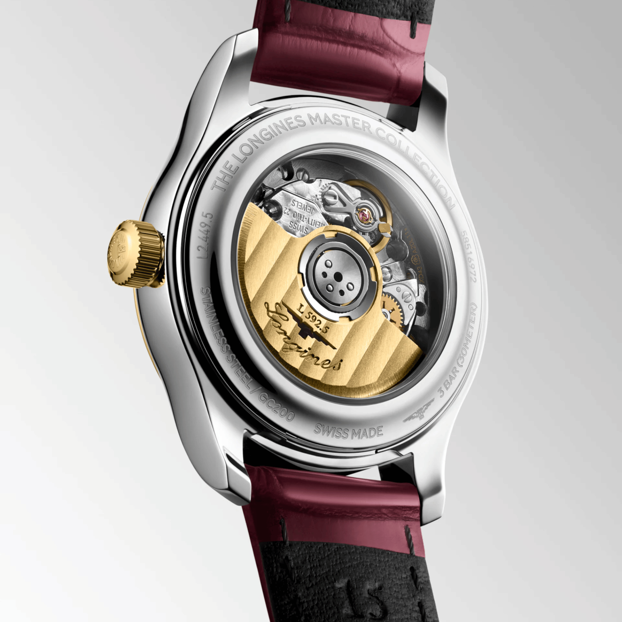 Montre Longines Master Collection automatique cadran nacre blanche bracelet cuir rouge 30 mm