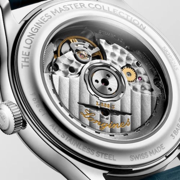 Longines Master Collection automatic watch, silver dial, blue leather strap 39 mm