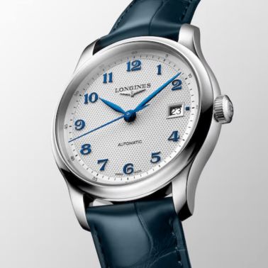Longines Master Collection automatic watch, silver dial, blue leather strap 39 mm