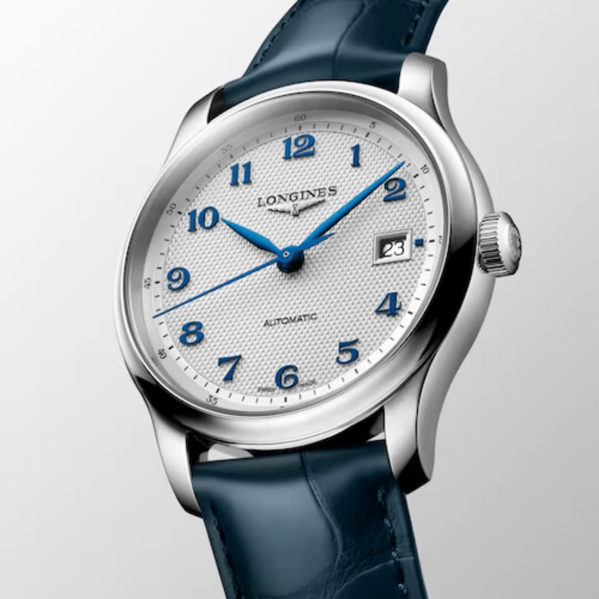 Longines Master Collection automatic watch, silver dial, blue leather strap 39 mm