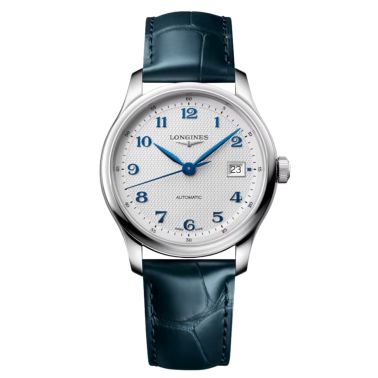 Montre Longines Master Collection automatique cadran argenté bracelet cuir bleu 39 mm
