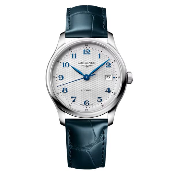 Longines Master Collection automatic watch, silver dial, blue leather strap 39 mm