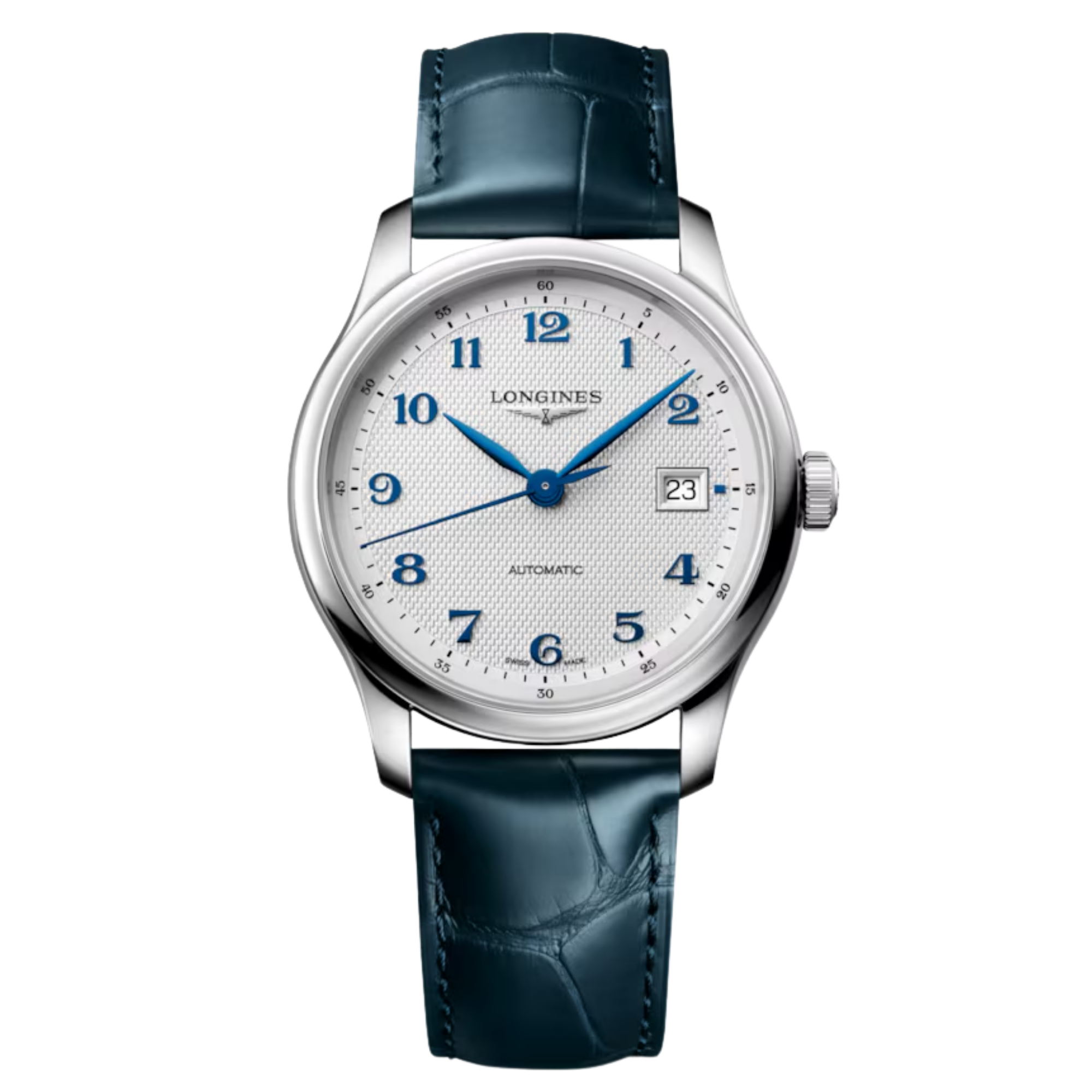 Longines Master Collection automatic watch, silver dial, blue leather strap 39 mm