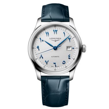 Longines Master Collection automatic watch, silver dial, blue leather strap 41 mm