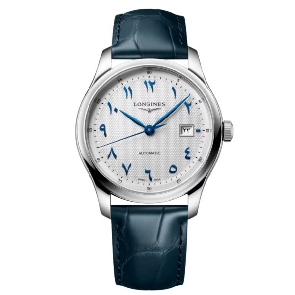 Longines Master Collection automatic watch, silver dial, blue leather strap 41 mm