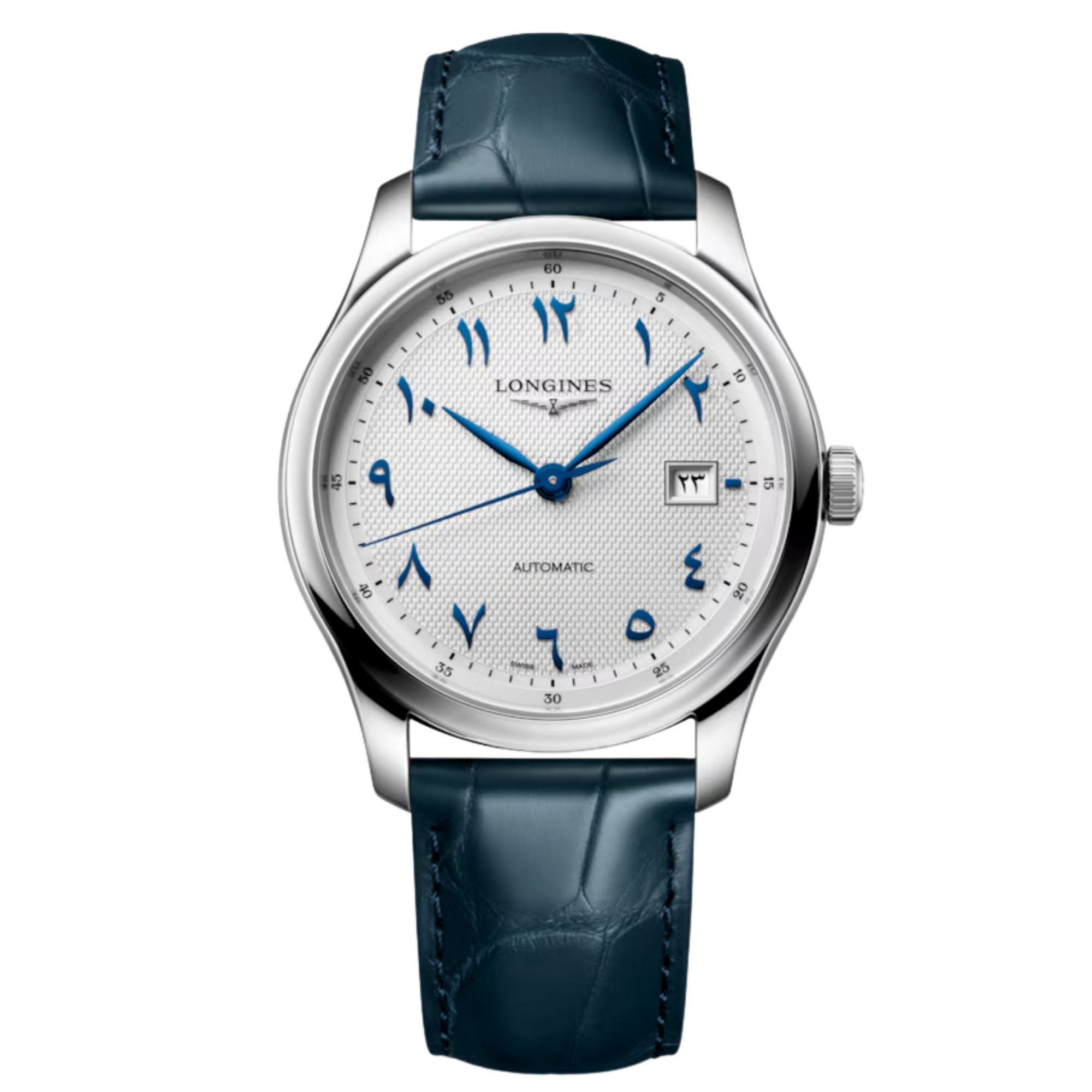 Longines Master Collection automatic watch, silver dial, blue leather strap 41 mm