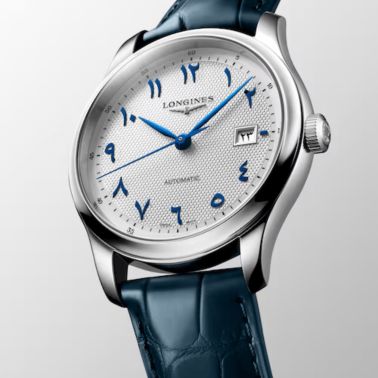 Montre Longines Master Collection automatique cadran argenté bracelet cuir bleu 41 mm