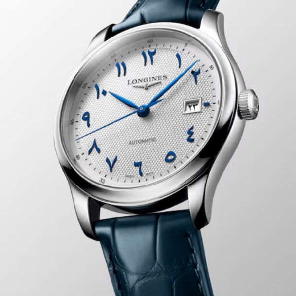 Montre Longines Master Collection automatique cadran argenté bracelet cuir bleu 41 mm