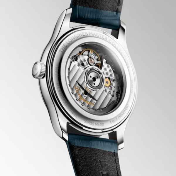 Montre Longines Master Collection automatique cadran argenté bracelet cuir bleu 41 mm