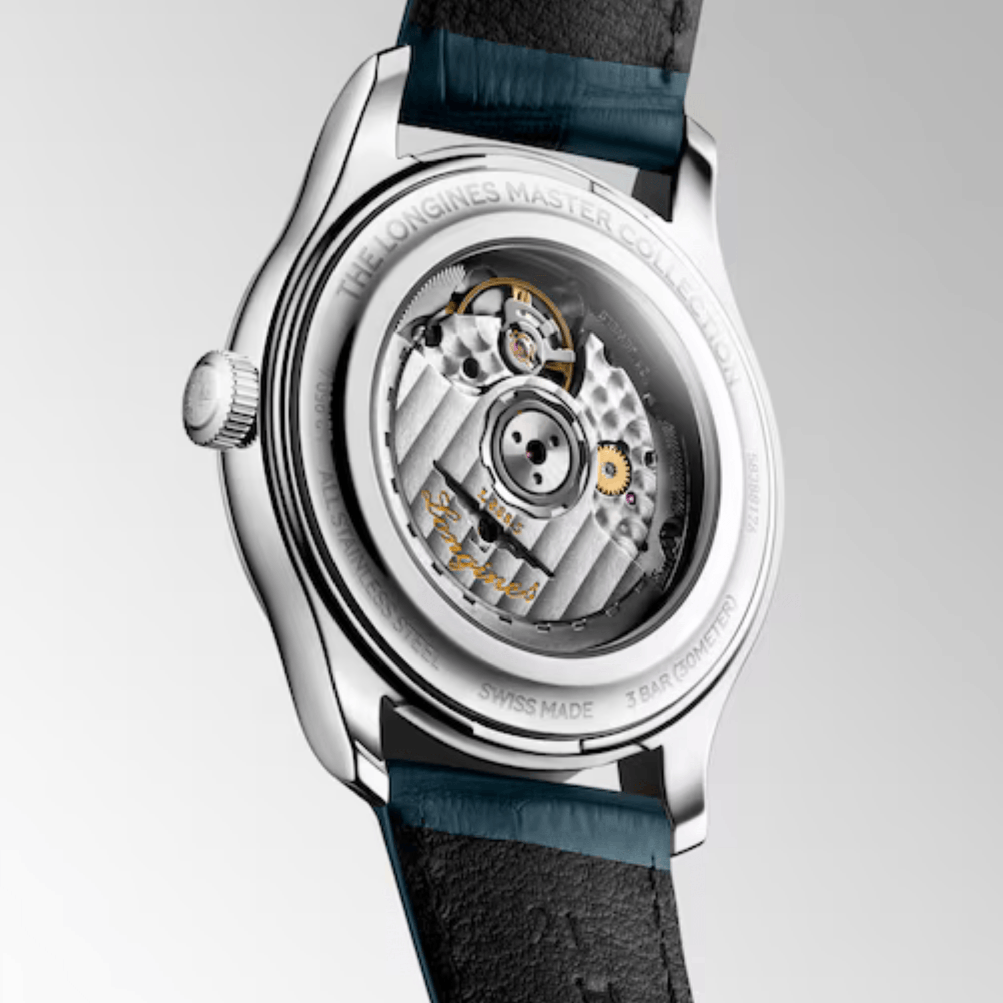 Longines Master Collection automatic watch, silver dial, blue leather strap 41 mm
