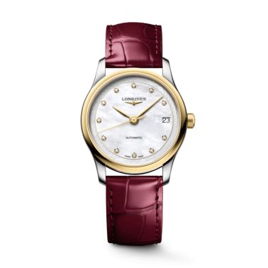 Montre Longines Master Collection automatique cadran nacre blanche bracelet cuir rouge 30 mm