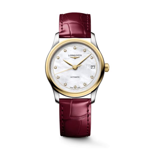 Montre Longines Master Collection automatique cadran nacre blanche bracelet cuir rouge 30 mm