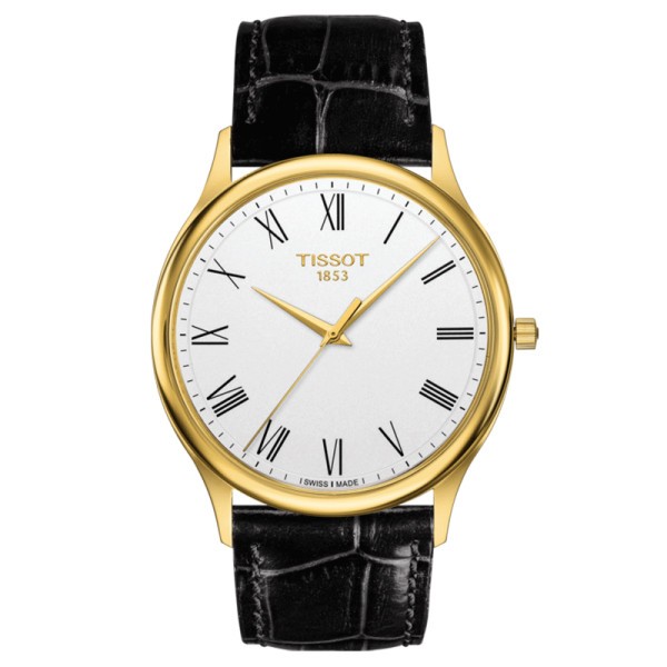 Montre Tissot T-Gold Excellence Gent quartz cadran blanc argenté chiffres romains bracelet cuir noir 40 mm