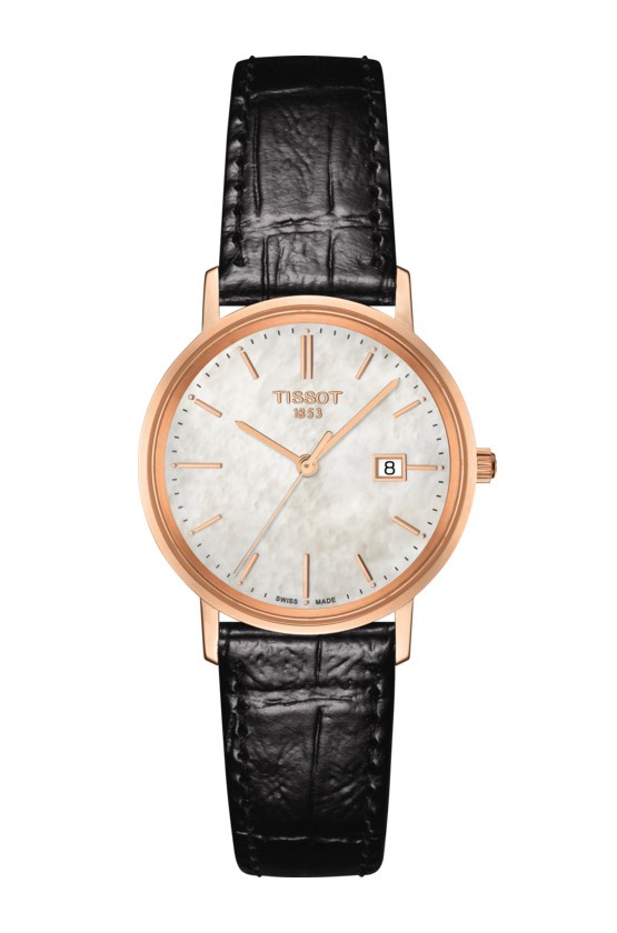 Montre Tissot T-Gold Goldrun Lady quartz cadran nacre bracelet cuir noir 29 mm