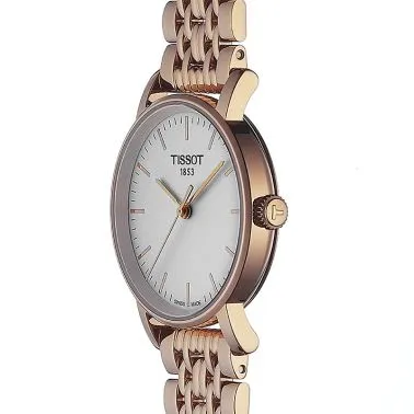 Montre Tissot T-Classic Everytime Lady quartz cadran argent bracelet acier PVD or rose 30 mm
