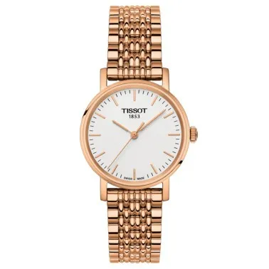 Montre Tissot T-Classic Everytime Lady quartz cadran argent bracelet acier PVD or rose 30 mm