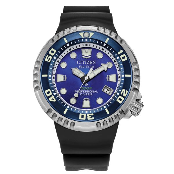 Citizen Promaster Dive E365 Watch with Blue Dial, Black Rubber Strap and 46 mm Stainless Steel Case.