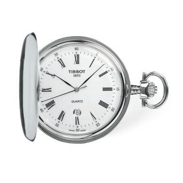 Tissot Savonnette quartz watch white dial steel chain 48.5 mm
