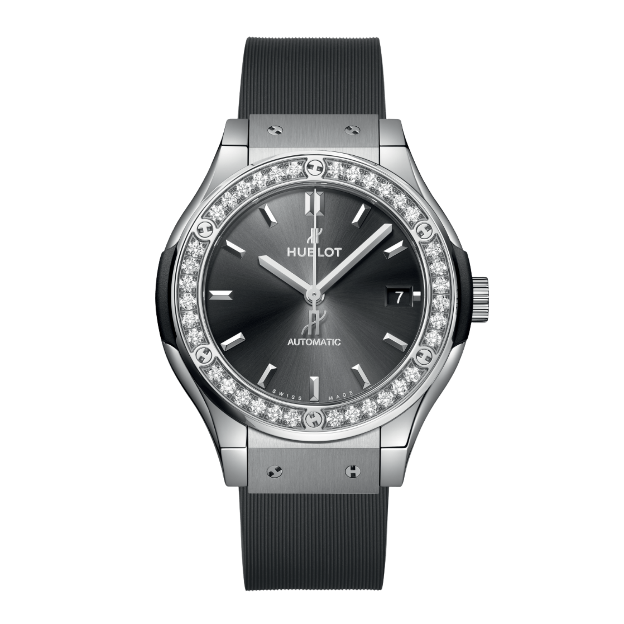 copy ofHublot Classic Fusion Titanium Diamonds automatic black dial black rubber strap 38 mm