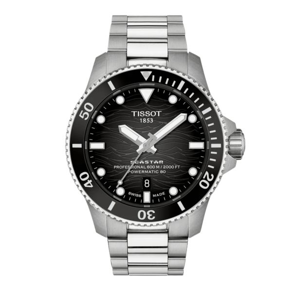 Tissot Seastar 2000 Powermatic 80 Watch with Black Dial and Stainless Steel Bracelet – 44 mm