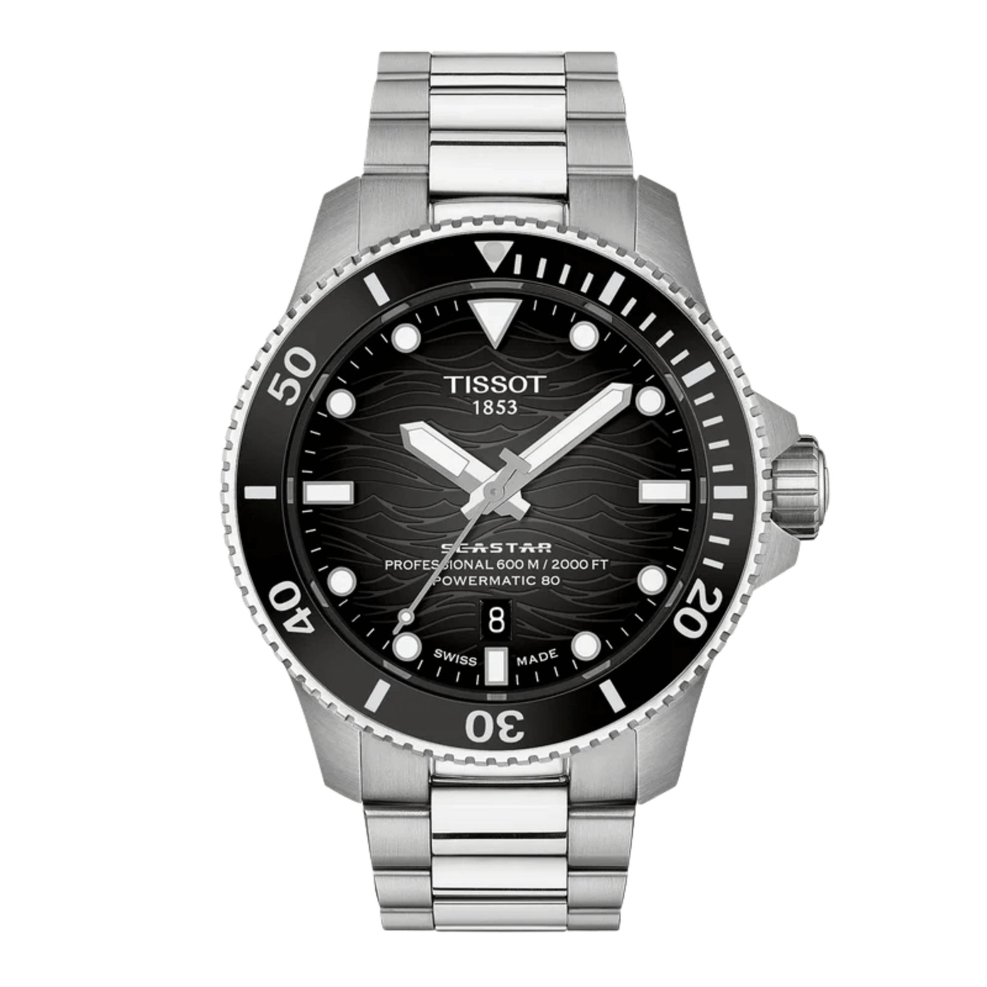 Tissot Seastar 2000 Powermatic 80 Watch with Black Dial and Stainless Steel Bracelet – 44 mm