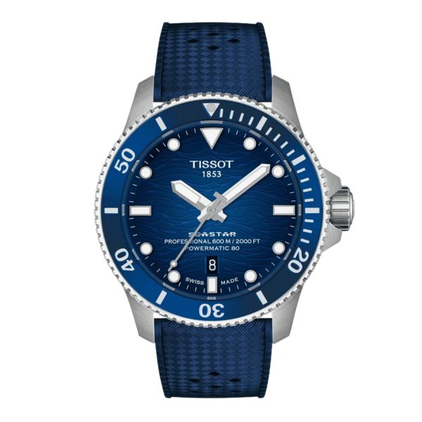 Tissot Seastar 2000 Powermatic 80 Watch with Blue Dial and Rubber Strap – 44 mm
