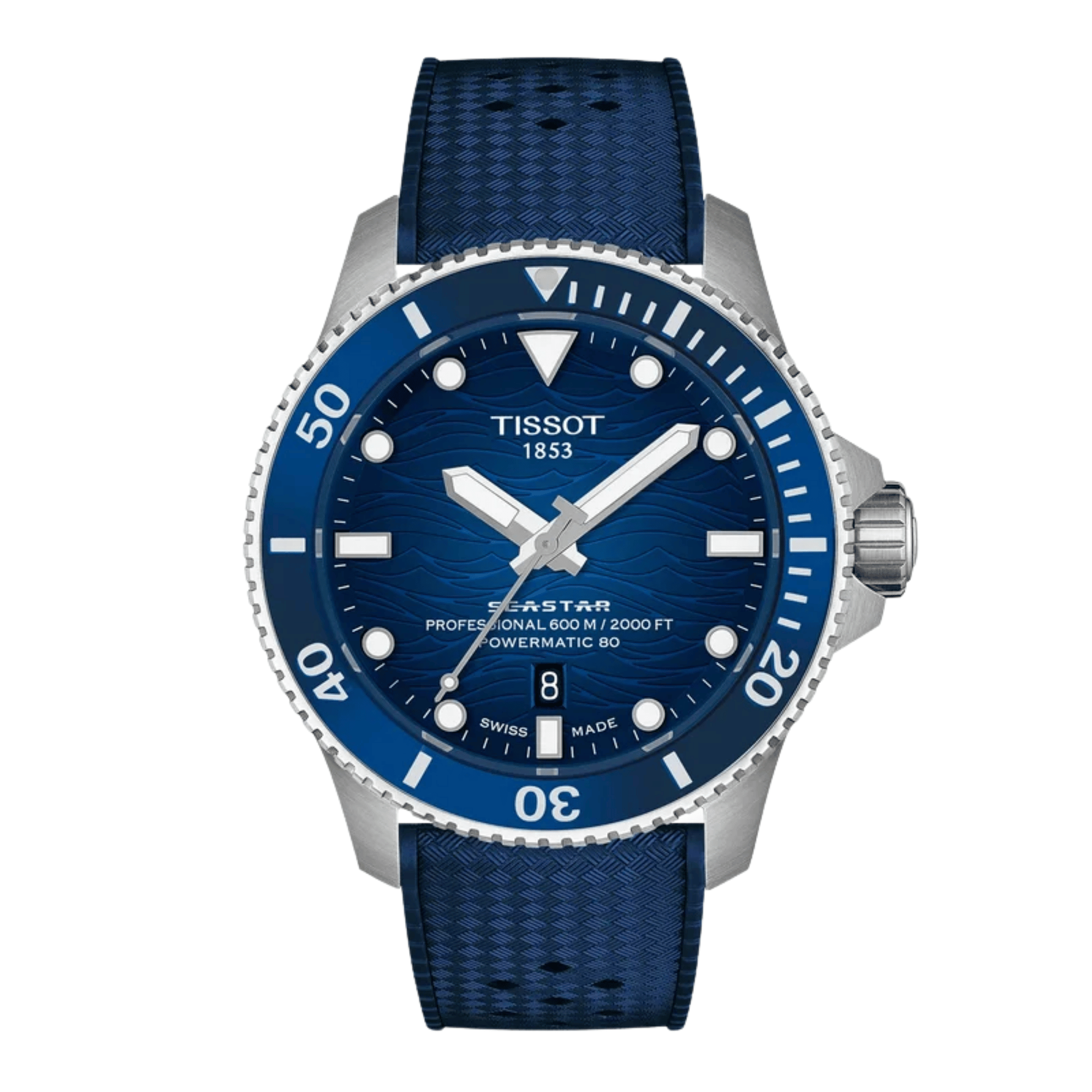 Tissot Seastar 2000 Powermatic 80 Watch with Blue Dial and Rubber Strap – 44 mm