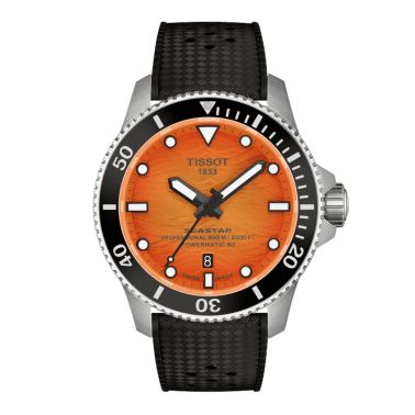 Tissot Seastar 2000 Powermatic 80 Watch with Orange Dial and Rubber Strap – 44 mm
