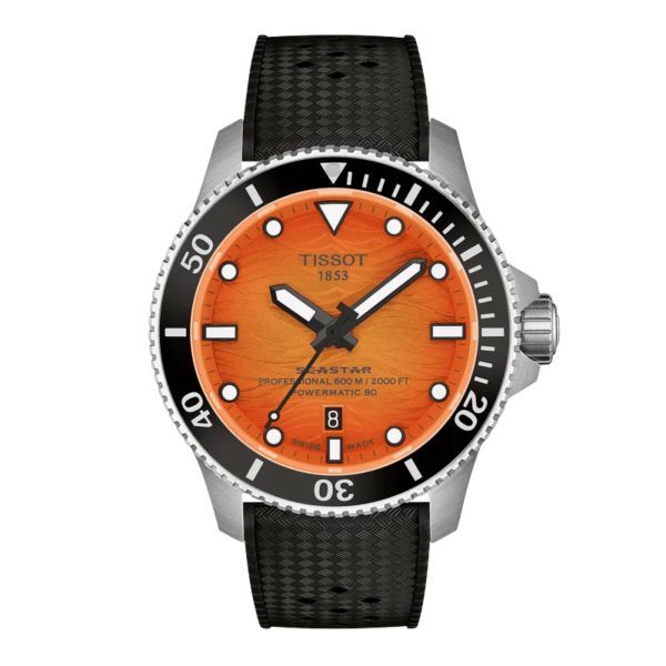 Tissot Seastar 2000 Powermatic 80 Watch with Orange Dial and Rubber Strap – 44 mm