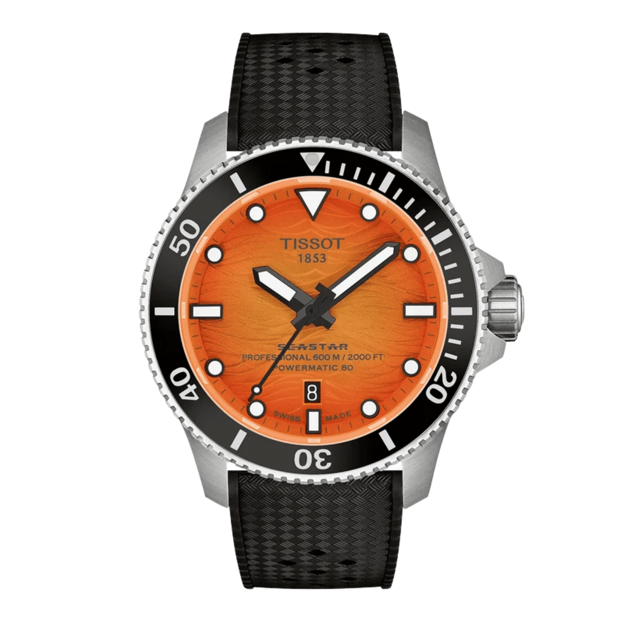 Tissot Seastar 2000 Powermatic 80 Watch with Orange Dial and Rubber Strap – 44 mm