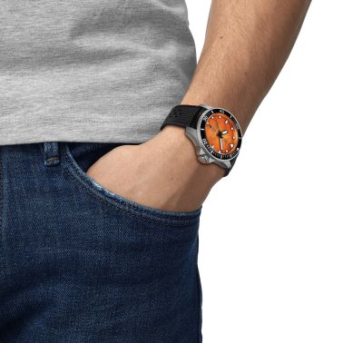 Tissot Seastar 2000 Powermatic 80 Watch with Orange Dial and Rubber Strap – 44 mm