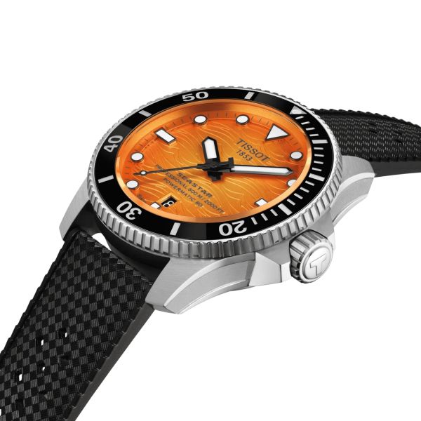 Tissot Seastar 2000 Powermatic 80 Watch with Orange Dial and Rubber Strap – 44 mm