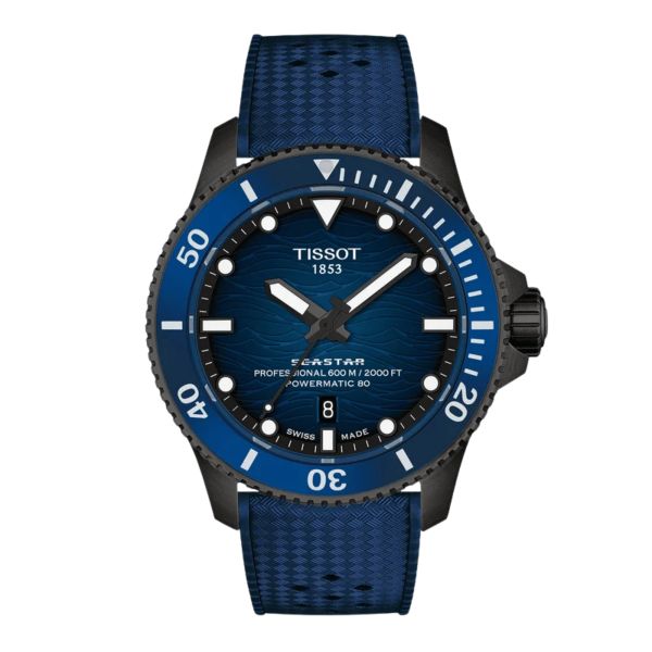 Tissot Seastar 2000 Powermatic 80 Watch with Blue Dial and Rubber Strap – 44 mm